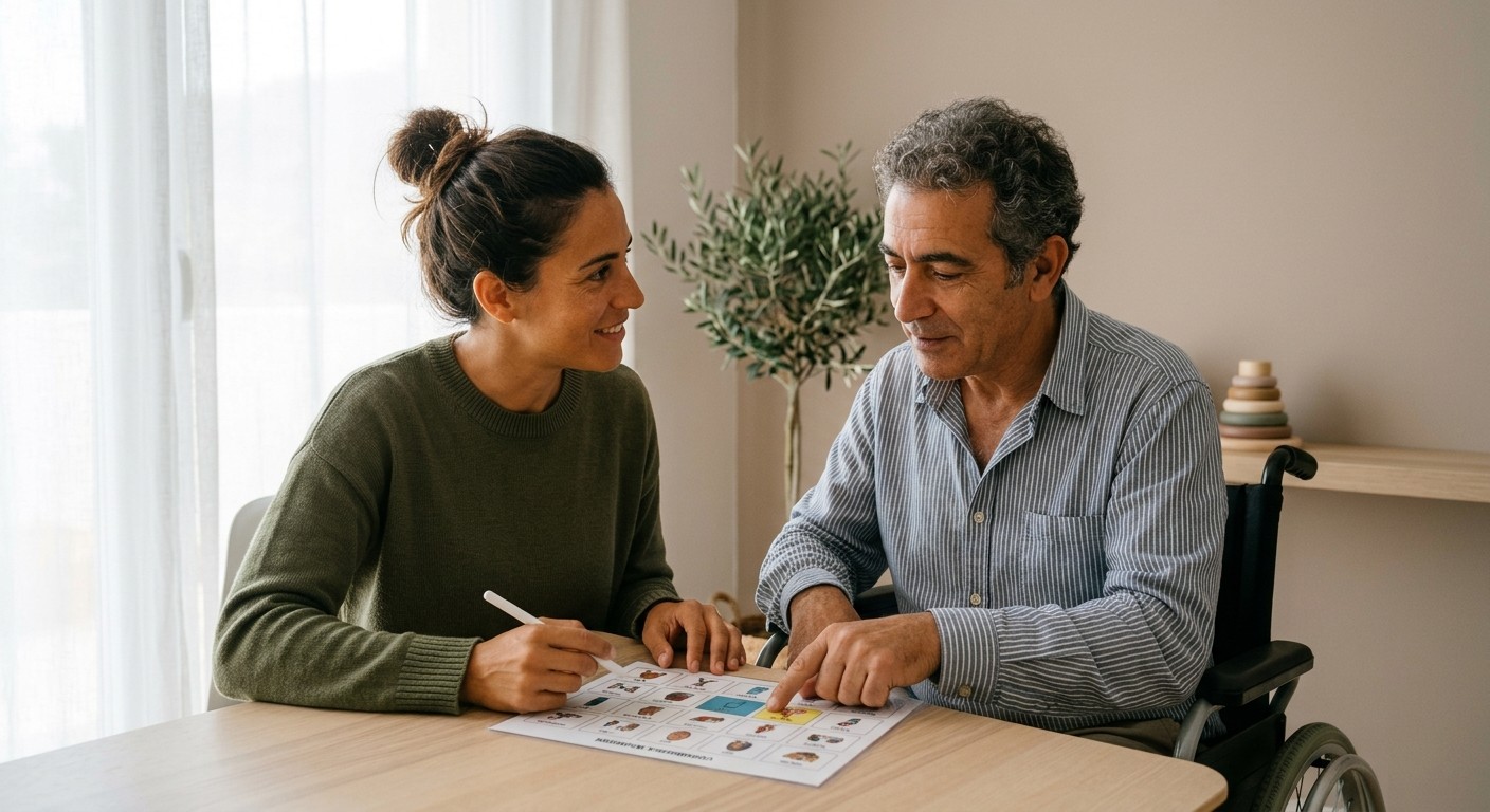 Terapeuta trabajando comunicación aumentativa con paciente ELA
