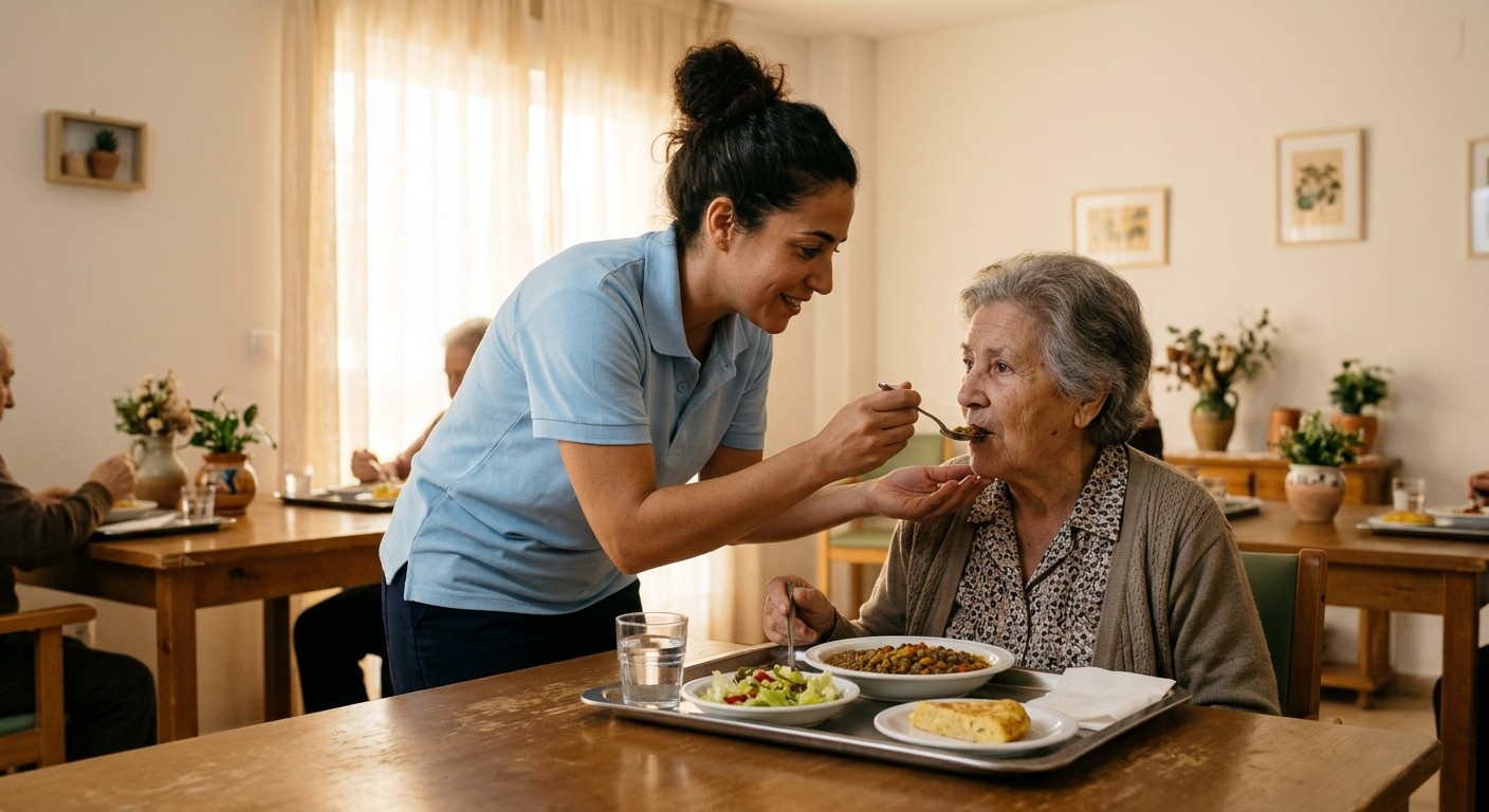 Auxiliar asistiendo en la alimentación de persona dependiente