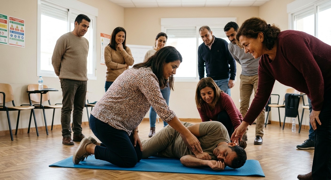 Grupo practicando posición lateral de seguridad